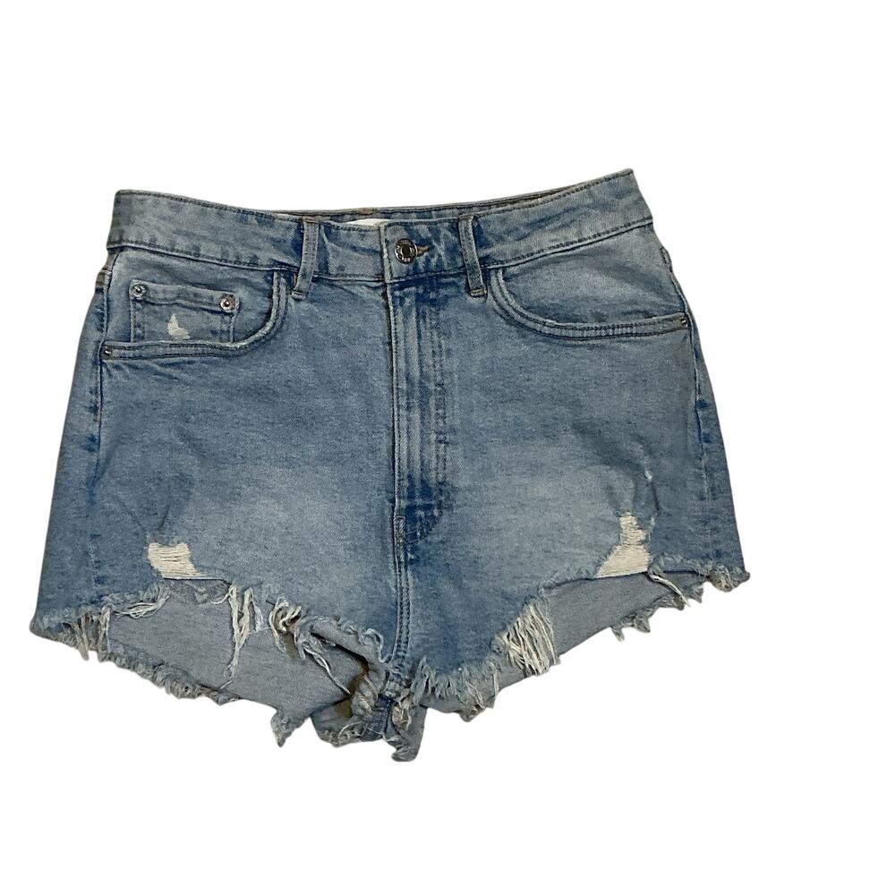ZARA Women's Medium Wash Distressed Frayed Blue Denim Shorts Size‎ 10